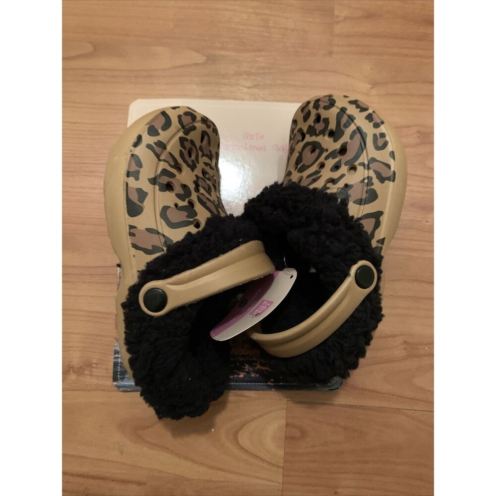 Lily & Dan Girls Faux Fur Lined Leopard Print Clog Shoes Size 2/3
